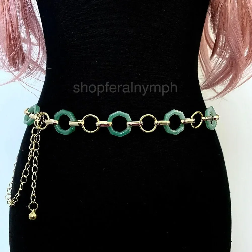 Gold Y2K Green Marbled Hexagon Open Ring Chain Belt, Fits 21-43 Inches, X7GA1356